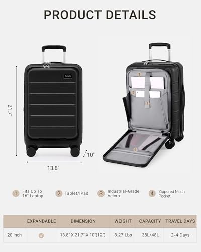 TAKUMI Carry On Luggage - 20 inch Expandable Suitcases with Wheels - Hardshell Carry on Suitcases with Front Pocket - Travel Luggage with TSA Lock (Black, 20 Inch-EXT)