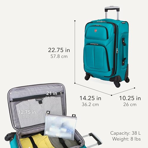 SWISSGEAR Sion Softside Expandable Spinner Luggage Durable Lightweight Travel Suitcase, Teal, Carry-On