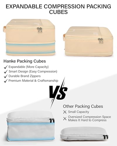Hanke 7 Piece Expandable Compression Packing Cubes, Premium Travel Packing Organizers for Suitcases/Carry On, Luggage Organizer Bags with Breathable Mesh & Label,Off White