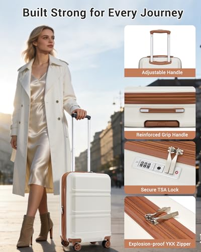 Kono Carry On Luggage Airline Approved with Large Toiletry Bag, 20 Inch Lightweight PC+ABS Luggage with TSA Lock, Expandable Hard Shell Carry On Suitcases, White