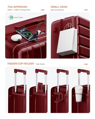 ISLAND ELEPHANT Expandable 20Inch Carry On Luggage Airline Approved - Top Opening Hardside Travel Suitcase Unbreakable -with Cup Holder,USB Charge,Side Pothook, 360°Spinner Wheels, TSA Lock-Wine Red