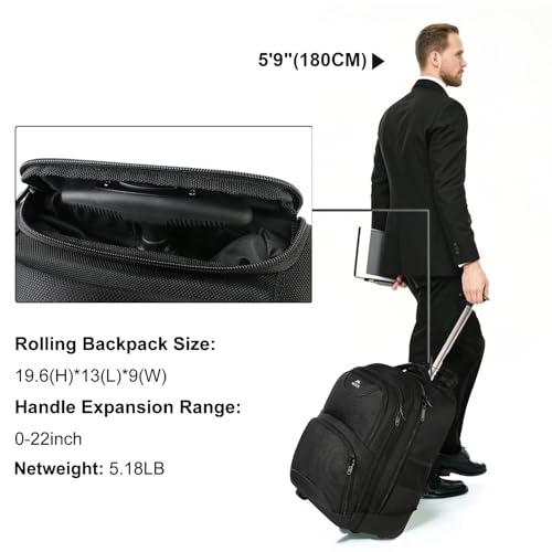 MATEIN Rolling Backpack, 17 inch Water Resistant Wheeled Laptop Backpack, Carry on Luggage Business Bag, Overnight College Computer Bag Trolley Suitcase for Men Women Adults to Travel, Black