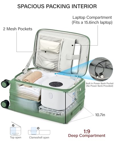 Hanke 20 Inch Expandable Carry On Luggage with Cup Holder 22x14x9 Airline Approved, Top Opening Hard Shell Suitcases with Wheels, Carry-On Travel Suitcase Trunk Luggage with Lock, Forest Green