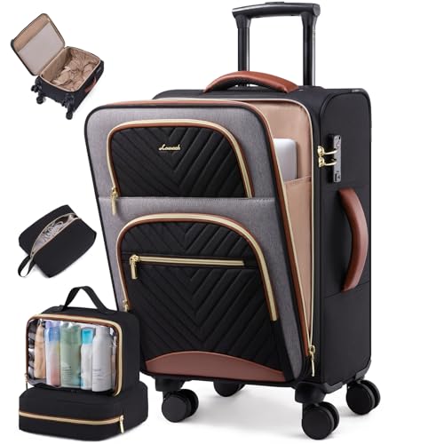 LOVEVOOK Carry on Luggage 22x14x9 Airline Approved, Waterproof Carry on Suitcase with 3 Pouches,Lightweight Softside Underseat Travel Luggage with 360° Spinner Wheels,TSA Lock for Travel Business