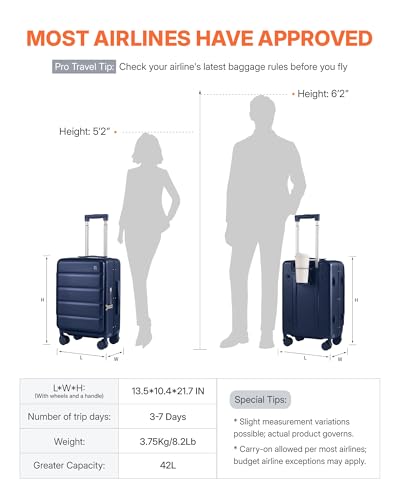 ISLAND ELEPHANT 20 Inch Carry On Luggage with Cup Holder and USB Port, Top Opening Hard Shell Suitcase with TSA Lock, Spinner Wheels, Airline Approved Lightweight, Woman Men Gifts-Navy Blue