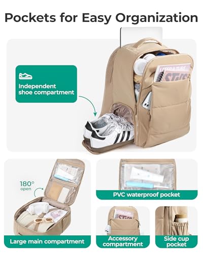 BAGSMART 30L Travel Backpack for Women, Carry on Backpack for Airplanes, Gym Backpack with Shoe Compartment, Lightweight Travel Bag Fits 15.6 Inch, Water-Resistant, Chocolate