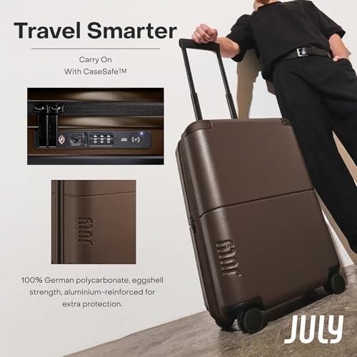 July Carry On with CaseSafe - 20" Built in Tracking, Airline Approved Carry On Luggage with Wheels, Travel Suitcase for Men & Women - Polycarbonate Shell, USB Ports & Ejectable Battery - Dark Brown