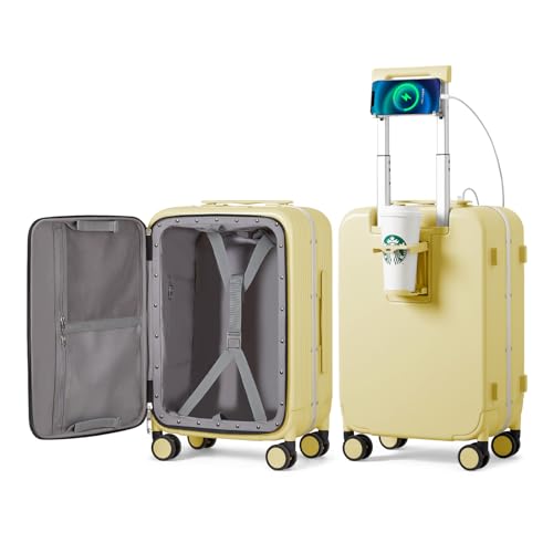 mixi Carry On Luggage with Cup Phone Holder and Charger Hard Shell Suitcases with Spinner Wheels,20 Inch Lark Yellow