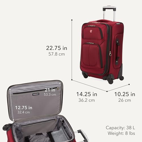 SwissGear Sion Softside Expandable Luggage – Carry-On Suitcase with 360 Degree Wheels & Retractable Handle – 21 Inch, Perfect for 1-3 Night Trips – Burgundy