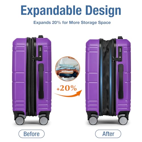 KYME Carry On Luggage 22x14x9 Airline Approved,Hardshell Carry On Suitcase with Tsa Lock,Small Suitcases with Wheels,Travel Luggage for Men Women,Expandable Carry-On 20 Inch,Purple