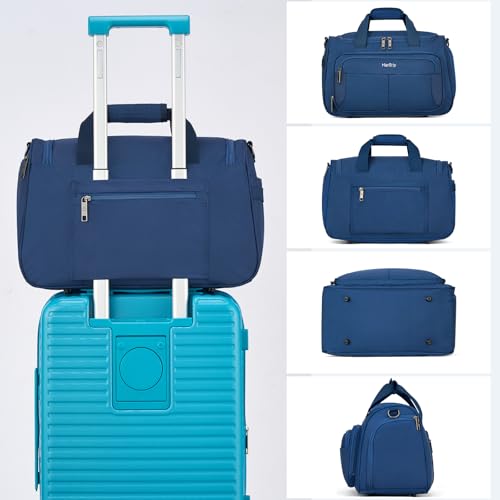 HanTrip Carry on Duffel Bag Foldable Duffle Bags for Travel, Under Seat Personal Item Bags for Airplanes, Weekender Overnight Mens Travel Tote Bag for Women Small Softside Carry on Luggage (Blue)