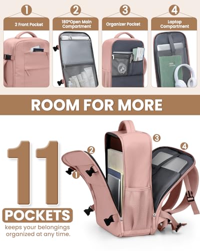 Pritent Travel Backpack for Women Man, Waterproof Personal Item Travel Bag Airline Approved Laptop Backpack Bookbag Weekender bags for Business,Travel, Work Fits 15.6 inch Laptop(Medium,Pink)