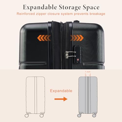 Sweetcrispy 20 Inch Carry On Luggage, Lightweight ABS Rolling Hard Shell Suitcase with Quiet Spinner Wheels, Built-in TSA Lock, Portable Travel Suitcase for Business Trip & Vacation Use, Black