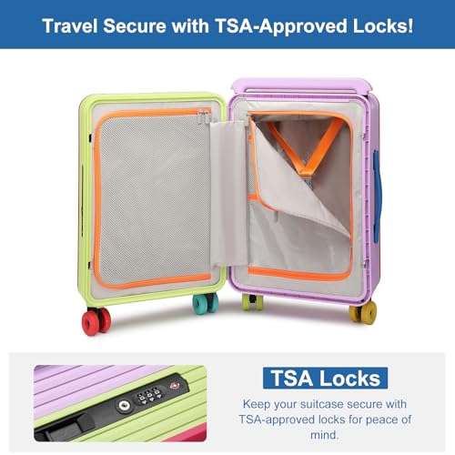 Multi-color Dopamine Wide Handle Carry on Zipperless Hard Side Luggage 22x14x9 Airline Approved with Changer 20 Inch Carryon Travel Suitcases with Spinner Wheels (Colorful Dopamine-themed, 20 Inch)