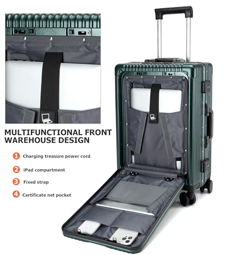 feilario Aluminium Frame PC Hard Shell Spinner Wheels Luggage,20.8"X15"X8.7 Airline Approved Built-In TSA lock Carry on Suitcase, with Cup Holder, USB Port, Phone Holder