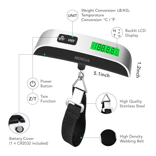 MOKUA Portable Digital Luggage Scale, 110lbs Hanging Baggage Scale with Backlit LCD Display, Portable Suitcase Weighing Scale, Travel Luggage Weight Scale with Hook