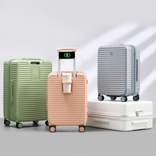 HanTrip Hard Shell Suitcases 20 Inch Carry on Luggage Airline Approved, Expandable Travel Luggage with Cup Holder Charger Built in Lightweight Small Suitcase with Wheels, Pink