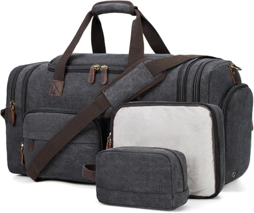 Mens Duffle Bag for Travel 60L Expandable Canvas Weekender Overnight Travel Duffel Bag with Shoe Compartment Carry-On for Airplanes Dark Gray