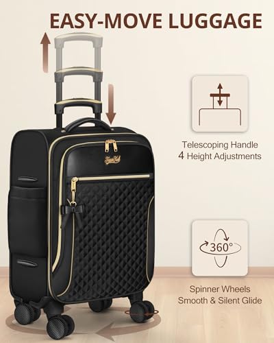 Carry On Luggage 22x14x9 Airline Approved, 20 Inch Softside Suitcase with 4 Pcs, Lightweight Luggage for Women with TSA Lock and 4 Spinner Wheels, Soft Side Carry-on Suitcases for Travel, Black