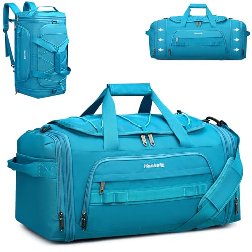 Hanke Duffle Bag for Travel, Dual Expandable 45L-55L Carry On Duffel, 3 In 1 Weekender Tote, Water Resistant Overnight Bag with 15.6" Compartment for Men Women, Caribbean Blue