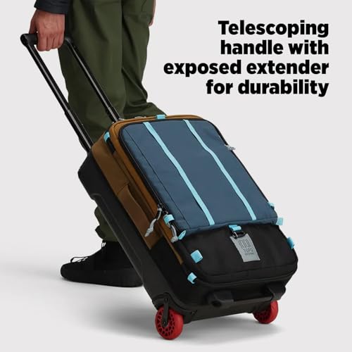Topo Designs Global Travel Roller Bag Suitcase, Carry-On Friendly, 3 Carry Options, Smooth Heavy Duty Wheels, Telescoping Handle, Designed in Denver CO USA, PFAS Free (Dark Denim/Burgundy)