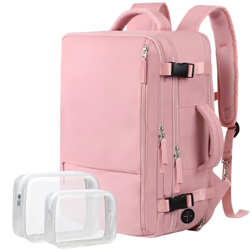Hanples Carry on Travel Backpack for Women, Large 40L Personal Item Luggage Backpack,17inch Laptop Backpack TSA Flight Approved, Travel Essentials Casual Daypack with 2 Toiletry Bags (Pink)