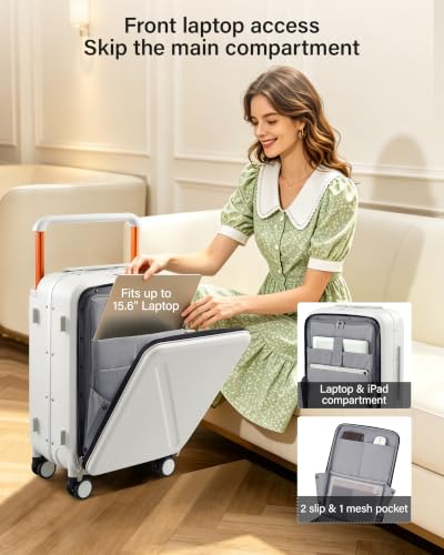 MILADA Wide Handle Carry On Luggage with Front Pocket Hardshell 20 Inch Front Opening Luggage with Spinner Wheels TSA Lock Aluminium Suitcase Airline Approved Carry-On Travel Luggage, White