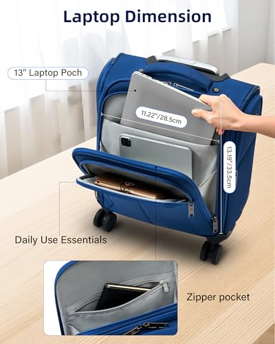 HanTrip 16 Inch Underseat Carry On Luggage with Wheels Softside Small Suitcases Personal Item Bag with Pocket Travel Luggage for Men Women Business Overnight Bag(Blue)