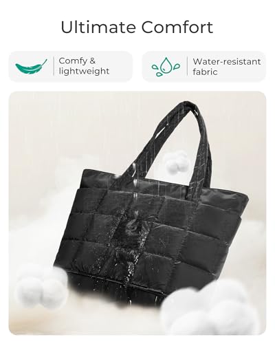 BAGSMART Expandable Tote Bag for Women, Puffer Work Tote Handbag, Quilted Carry On Bag for Travel Gym, Black, Large