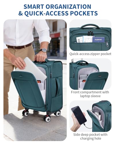 ECOHUB Carry On Luggage Airline Approved, 21 Inch Height Softside Carry On Suitcase with Spring Shock-Absorbing Spinner Wheels, Lightweight Travel Luggage with TSA Lock, Fits 22x14x9 Carry-On Bag