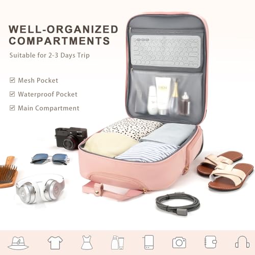 Arcoyard Underseat Carry On Luggage with Wheels, Airline Approved Personal Item Bag, Multiple Compartment Travel Carry-On with Leather Handle, Soft Side Lightweight Rolling Suitcase for Women, Pink, L