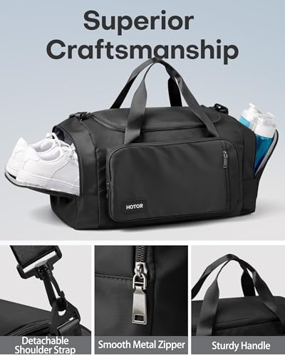 HOTOR Gym Bags for Men & Women - Spacious Duffle Bag with Shoe Compartment & Wet Pocket, Carry On Weekender Bag Portable Sports Duffel Bag for Workout, Fitness, Travel, Black, 20.5" x 11.0" x 10.6"