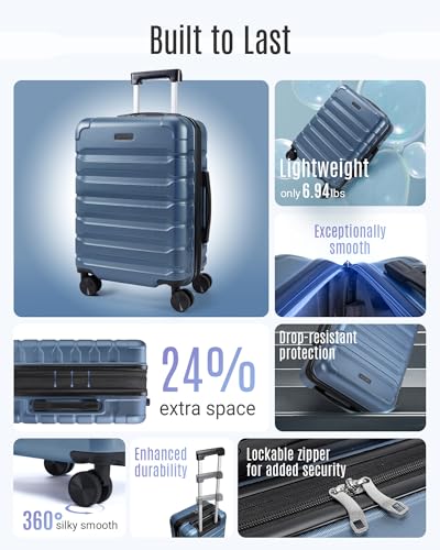 LIGHT FLIGHT Carry On Luggage 22x14x9 Airline Approved, Expandable Carry On Suitcases with Wheels, Lightweight Luggage, Durable Hard Shell 20 Inch Rolling Suit Case for Men Women Travel,Royal Blue