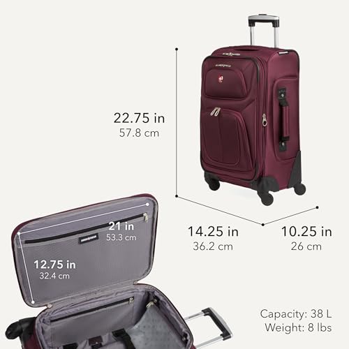 SWISSGEAR Sion Carry-On Spinner Luggage, Softside Expandable, Lightweight Suitcase, Merlot, 22.75-Inch