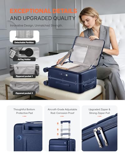 ISLAND ELEPHANT 20 Inch Carry On Luggage with Cup Holder and USB Port, Top Opening Hard Shell Suitcase with TSA Lock, Spinner Wheels, Airline Approved Lightweight, Woman Men Gifts-Navy Blue