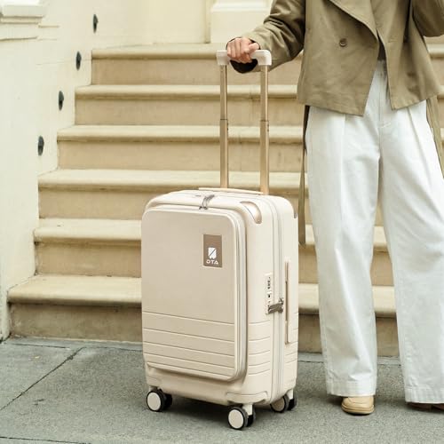 DTA Nova Top Opening PC Hard Shell Suitcase, 20-inch International Carry On Luggage with TSA Lock, 360 Silent Spinner Wheels - Ideal for Business Travel Suitcase (Beige, Carry-On 20-Inch)