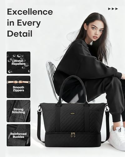 HOTOR Travel Duffel Bag - Weekender Bags for Women, Gym Tote Bags with Shoe Compartment, Carry On Overnight Bag with Toiletry Bag for Travel Essentials and Travel Accessories, Black, 13.4"×17.3"×7.9"
