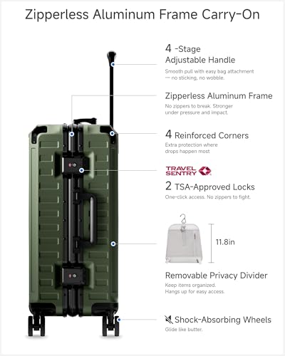 LUGGEX Carry On Luggage with Spinner Wheels, 8010S Aluminum Frame Zipperless Polycarbonate Hard Shell Suitcase (ZX-Core, Green, 21 Inch)