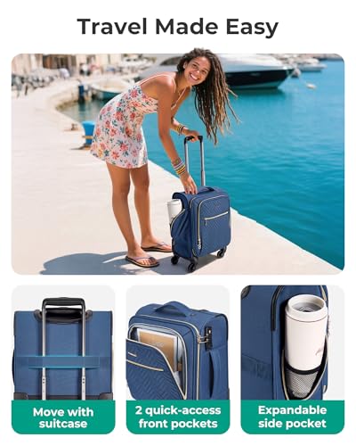 BAGSMART Underseat Carry On luggage Airline Approved, 16-inch Small Softside Underseater Travel Suitcase with Spinner Wheels Overnight Bag Small Rolling Carry-on for Women Men Weekender, Navy Blue