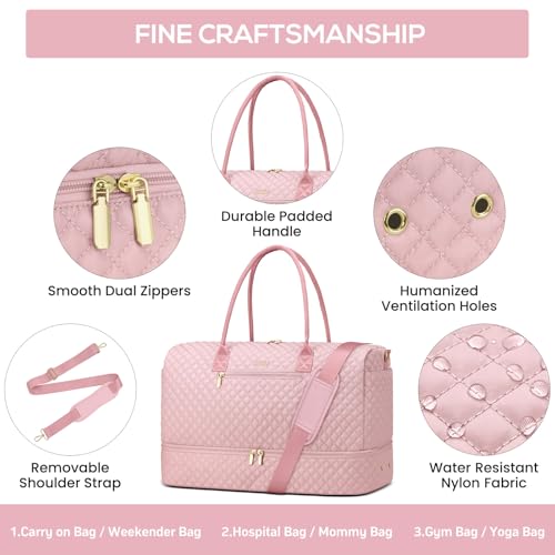 Travel Weekender Bags for Women - Duffle Bag Women with Shoe Compartment Carry On Overnight Bag with Toiletry Bag Duffel Bags with Wet Pocket for Gym Hospital Bags for Labor and Delivery Pink
