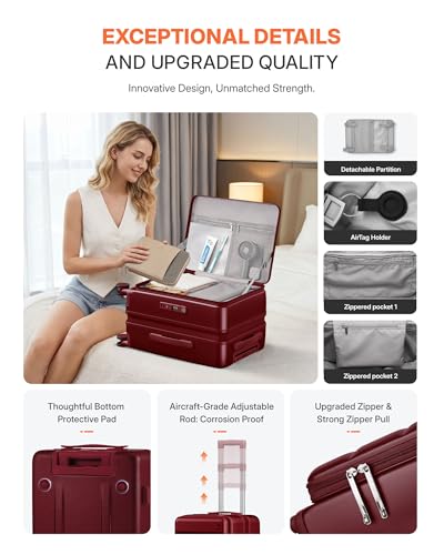 ISLAND ELEPHANT Expandable 20Inch Carry On Luggage Airline Approved - Top Opening Hardside Travel Suitcase Unbreakable -with Cup Holder,USB Charge,Side Pothook, 360°Spinner Wheels, TSA Lock-Wine Red