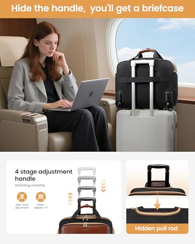 LOVEVOOK Rolling Laptop Bag Women, 17.3 Inch Laptop Briefcase with Wheels, Soft Sided Underseat Carry On Luggage Personal Item Suitcase for Work Travel Business, Black Brown