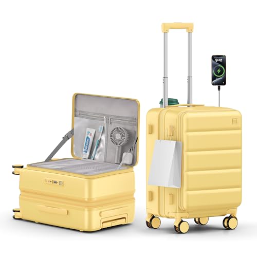 ISLAND ELEPHANT Expandable 20Inch Carry On Luggage Airline Approved - Top Opening Hardside Travel Suitcase Unbreakable -with Cup Holder,USB Charge,Side Pothook, 360°Spinner Wheels, TSA Lock-Yellow
