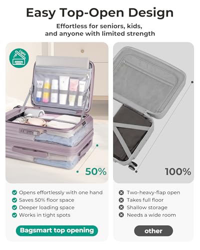 BAGSMART Top Opening Carry On Luggage 22x14x9 Airline Approved with TSA Lock, Expandable 20 Inch Deep Compartment Hard Shell Suitcases with Double Spinner Wheels, Purple