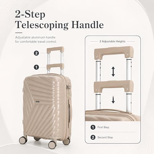 20 In Carry On Luggage with TSA Lock, 22x14x9 Airline Approved Hardside Suitcase, Lightweight PP Travel Luggage with 360° Silent Spinner Wheels, Anti-Burst Zipper for Business (Champagne Chevron)