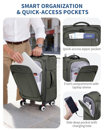 ECOHUB Carry On Luggage Airline Approved, 21 Inch Height Softside Carry On Suitcase with Spring Shock-Absorbing Spinner Wheels, Lightweight Travel Luggage with TSA Lock, Fits 22x14x9 Carry-On Bag