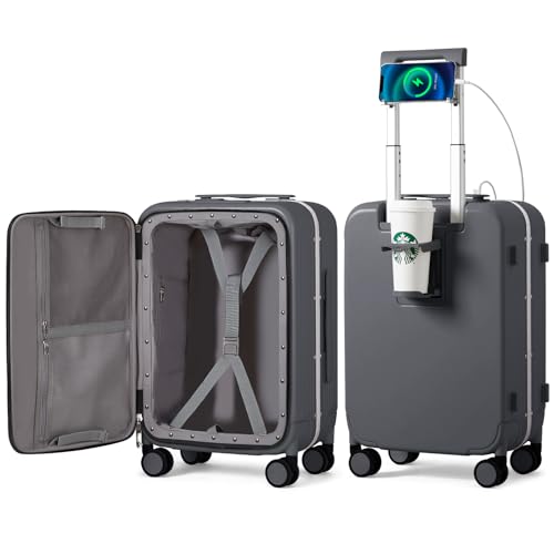 mixi Carry On Luggage with Cup Phone Holder and Charger Hard Shell Suitcases with Spinner Wheels,20 Inch Rock Gray