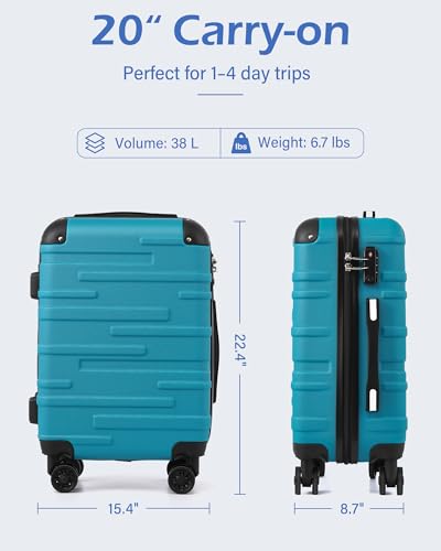 Coolife Hardside Carry-On Luggage with TSA Lock, Spinner Wheels, Telescopic Handle, Lightweight Suitcase (Lake Blue, S(20in_carry on))