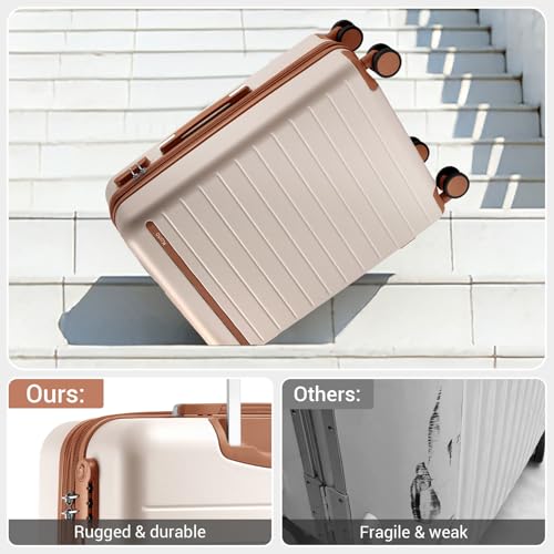 Kono Expandable 20 Inch Carry On Suitcase Airline Approved, Lightweight ABS+PC Hardshell Luggage with 360° Silent Spinner Wheels, Cream/Brown