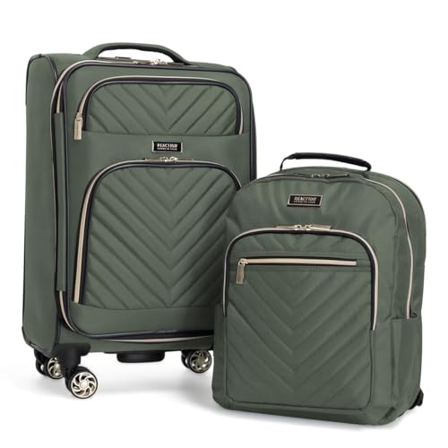 Kenneth Cole REACTION Chelsea 2-Piece Bundle - 20" Chevron Expandable 8-Wheel Carry-On Suitcase & Matching 15" Laptop Backpack, Olive